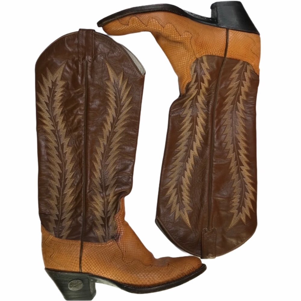 LARRY MAHAN Brown Leather & Reptile Cowboy Cowgirl Western Boots RARE